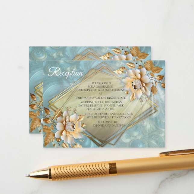 Tarjeta De Recepción Paleta azul claro en un diseño de barbacoa de oro  (Anverso/Reverso In Situ)