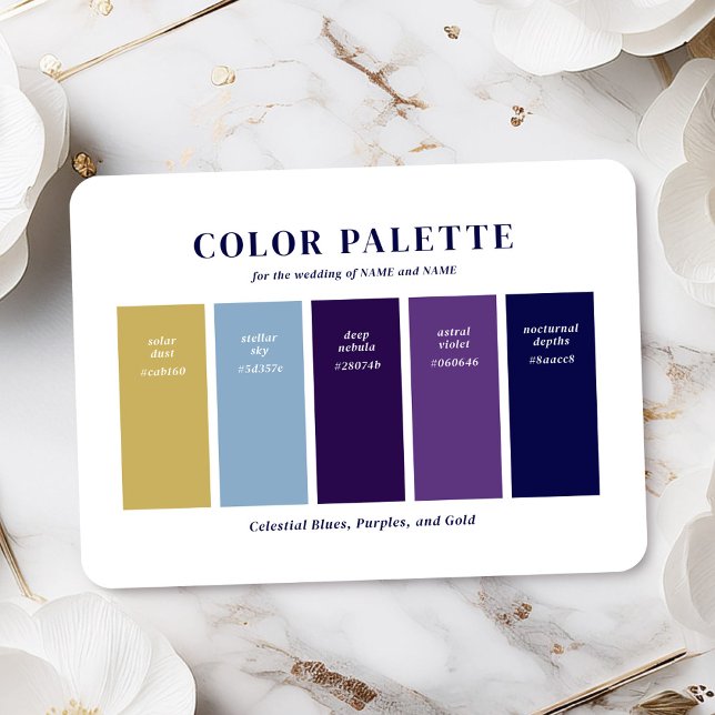 Tarjeta De Recepción Paleta de color celestial azul oscuro y Boda púrpu (Complete your wedding planning with the "Celine" wedding suite color palette swatch card.)
