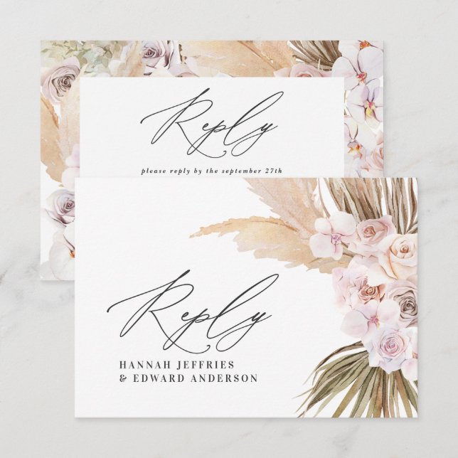 Tarjeta De Recepción Paleta pampas césped boda rosa natural RSVP c (Anverso / Reverso)