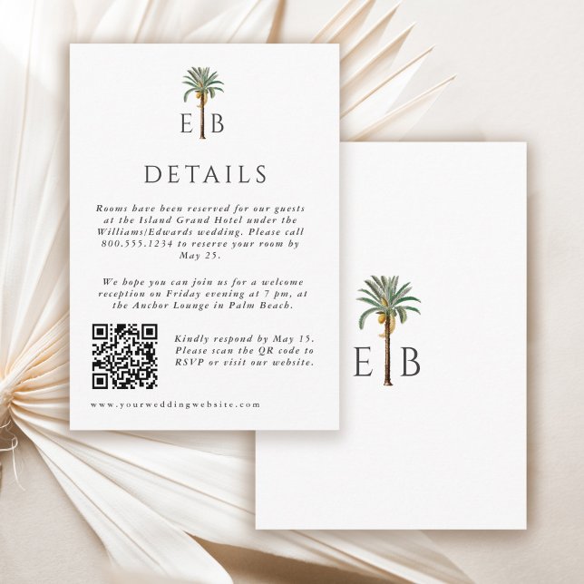 Tarjeta De Recepción Palm Elegant Tropical Monogram Wedding Details (Subido por el creador)