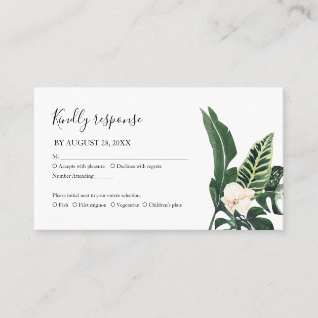 Tarjeta De Recepción Palm Leaves Hibiscus Tropical Elegant Wedding RSVP (Anverso)
