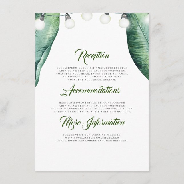 Tarjeta De Recepción Palm Leaves String Lights Beach Wedding Detalles (Anverso)