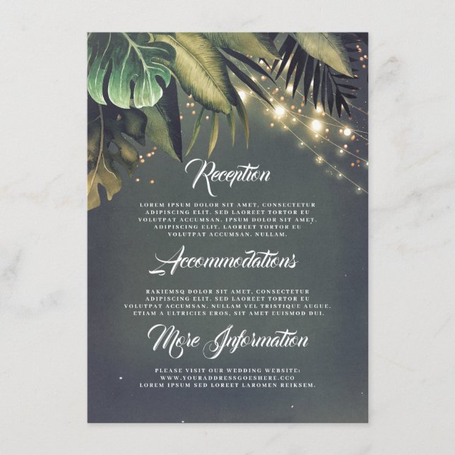Tarjeta De Recepción Palm Leaves String Lights Beach Wedding Detalles (Anverso)
