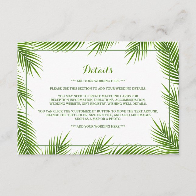 Tarjeta De Recepción Palm Leaves Tropical Beach Wedding Detail (Anverso)