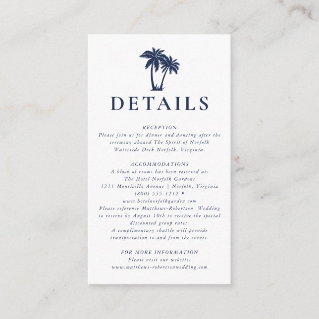 Tarjeta De Recepción Palm Tree Beach Detalles Náuticos de Marina Enclos (Anverso)