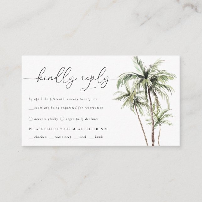 Tarjeta De Recepción Palm Tree Tropical | Respuesta RSVP de boda mínima (Anverso)