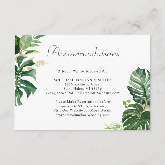 Tarjeta De Recepción Palm tropical deja alojamiento Boda (Anverso)