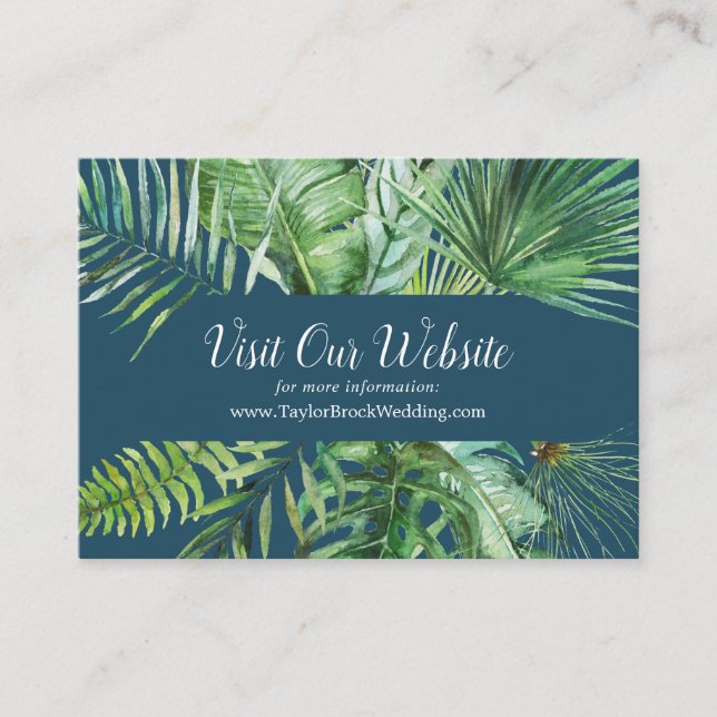 Tarjeta De Recepción Palm Tropical Salvaje | Sitio web de Boda azul de  (Anverso)