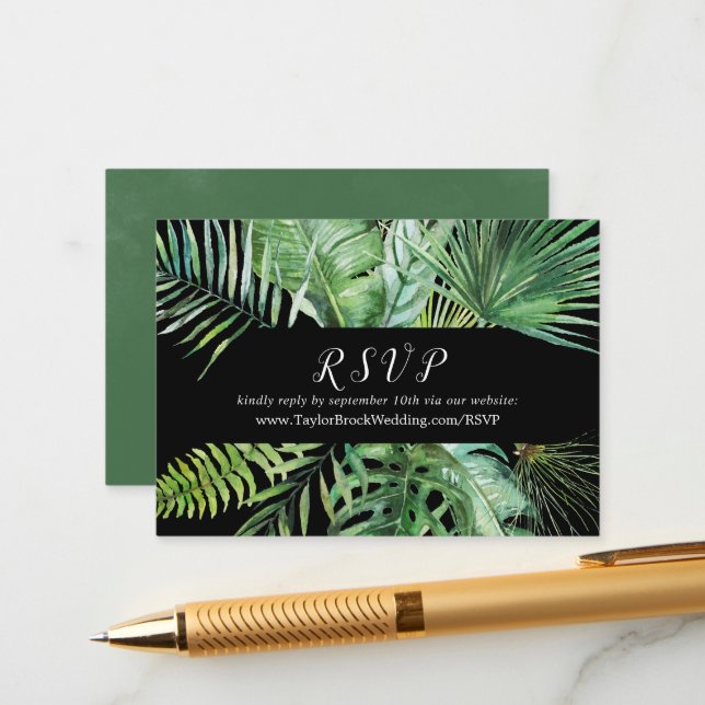 Tarjeta De Recepción Palm Tropical Salvaje | Sitio web de Boda negro RS (Anverso/Reverso In Situ)