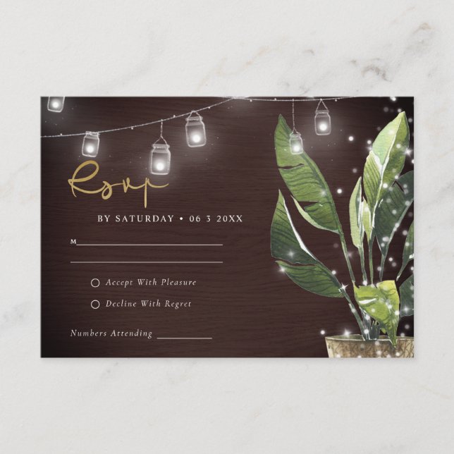 TARJETA DE RECEPCIÓN PALMA TROPICAL STARRY NOCHE MASON JAR BODA RSVP (Anverso)
