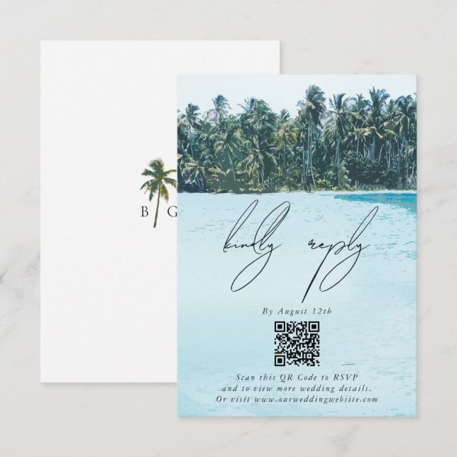 Tarjeta De Recepción Palmeras de acuarela tropical y boda de playa (Anverso / Reverso)