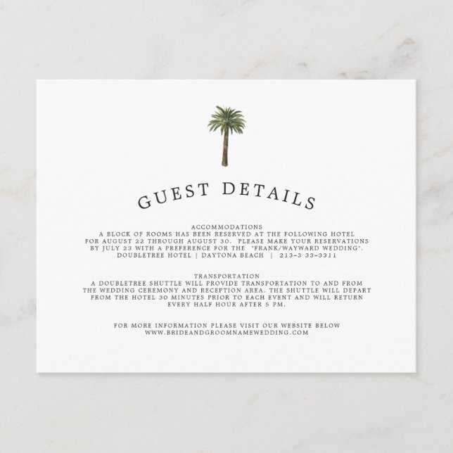 Tarjeta De Recepción Palmeras Dusty | Información de invitado del Boda (Anverso)