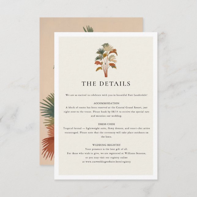 Tarjeta De Recepción Palmeras Tropicales Acuarela Pastel Boho Boda (Anverso / Reverso)