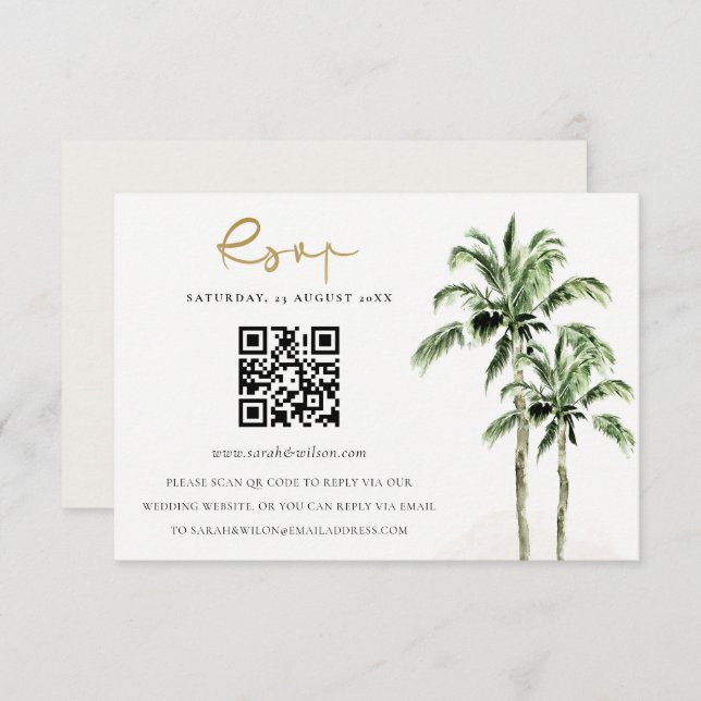 Tarjeta De Recepción Palmeras Tropicales Boda Código QR RSVP (Anverso / Reverso)