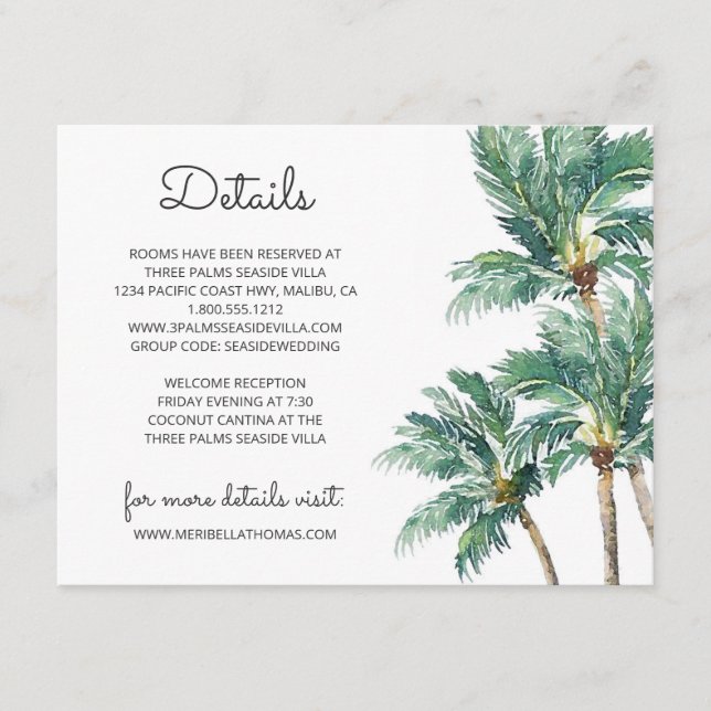 Tarjeta De Recepción Palmeras Tropicales | Detalles de la boda acuarela (Anverso)