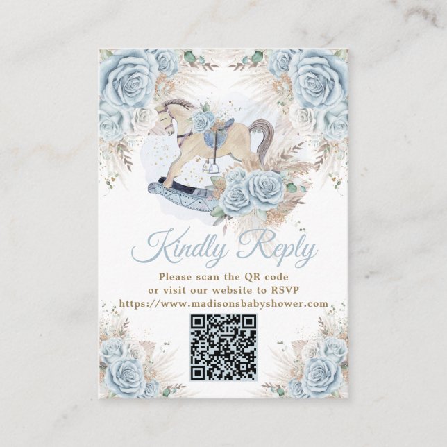 Tarjeta De Recepción Pampas Caballo de Roca Floral Azul Grass RSVP QR (Anverso)