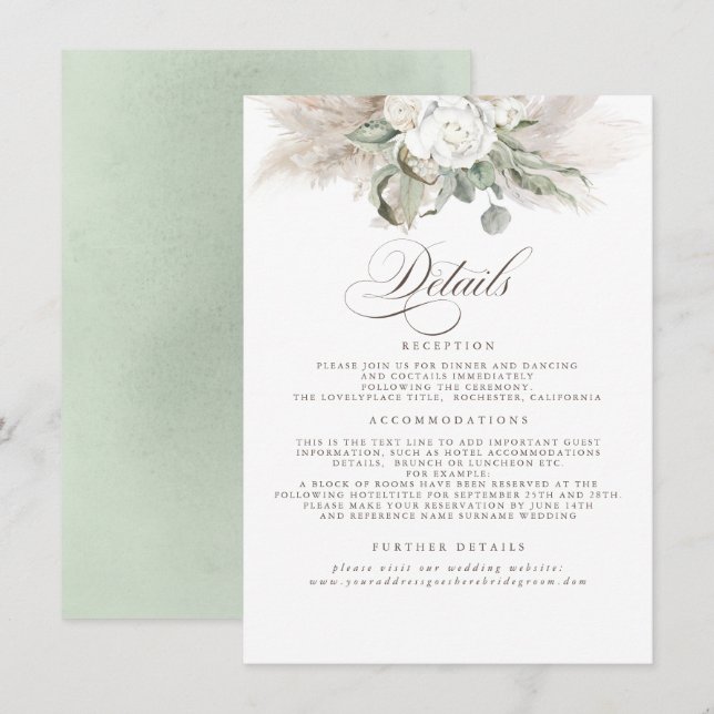 Tarjeta De Recepción Pampas Grass Earth Shades Floral Boda Detalles (Anverso / Reverso)