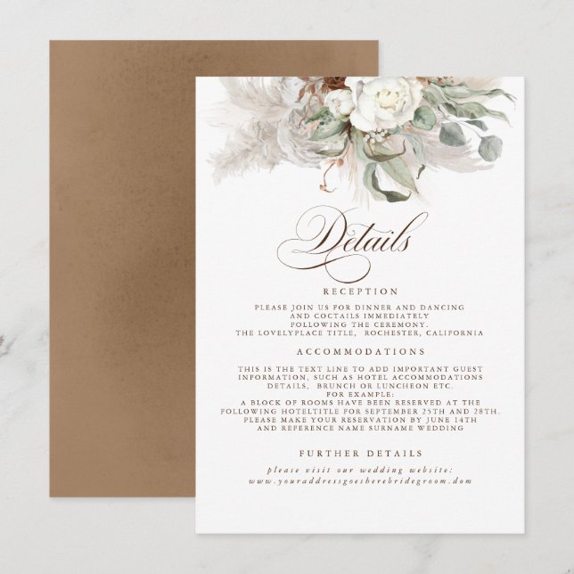 Tarjeta De Recepción Pampas Grass Earth Shades Floral Boda Detalles (Anverso / Reverso)
