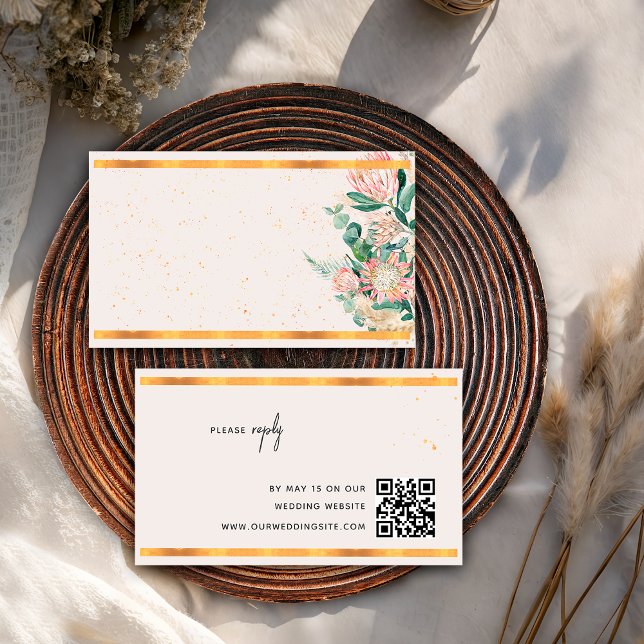 Tarjeta De Recepción Pampas Grass Protea Gold QR Code Wedding RSVP (Subido por el creador)