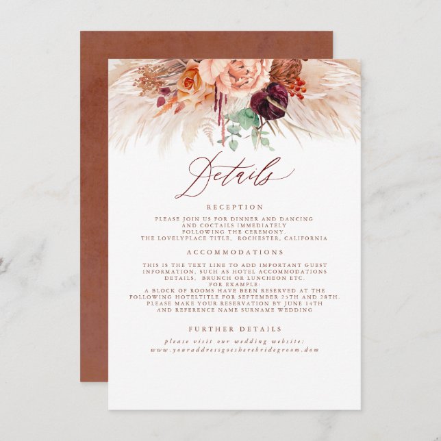 Tarjeta De Recepción Pampas Grass Terracotta Boda Detalles (Anverso / Reverso)