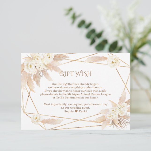 Tarjeta De Recepción Pampas Grass White Flowers Wedding Gift Wish  (Anverso de pie)