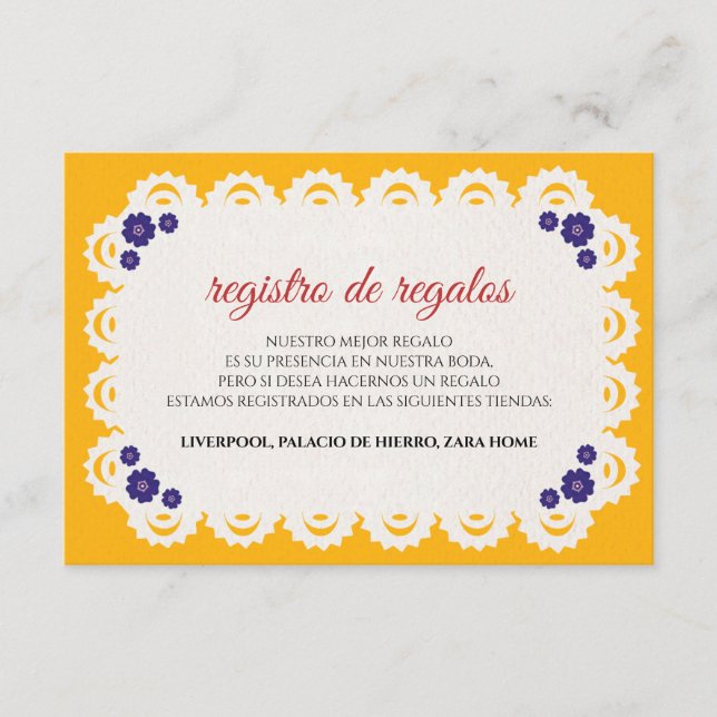 Tarjeta De Recepción Papel Picado Yellow Nuestra Boda Spanish Wedding (Anverso)