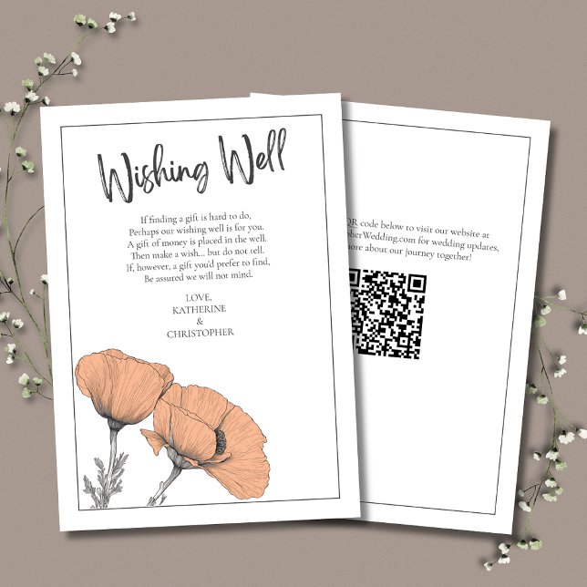Tarjeta De Recepción Paquetes Florales De Peach Elegant Wedding Deseand (Peach Poppies Wishing Well In Lieu of Gifts Enclosure Card with QR Code for Wedding Website.)