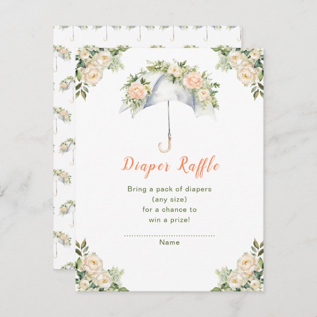 Tarjeta De Recepción Paraguas florales Baby Shower Diaper Raffle (Anverso / Reverso)