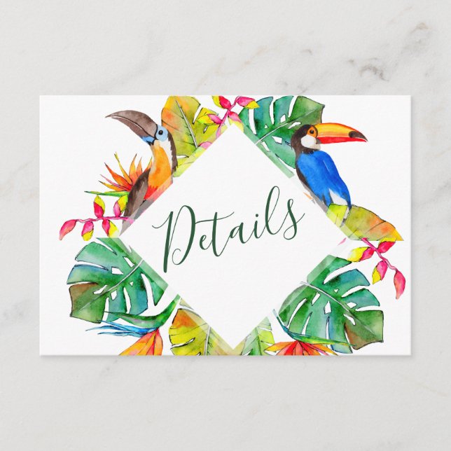Tarjeta De Recepción Paraíso tropical Aves exóticas Detalles del Boda (Anverso)