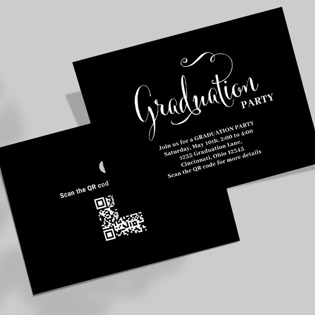 Tarjeta De Recepción Partido de Graduación Código QR Típografía moderna (Simple black and white Graduation Insert enclosure card. )