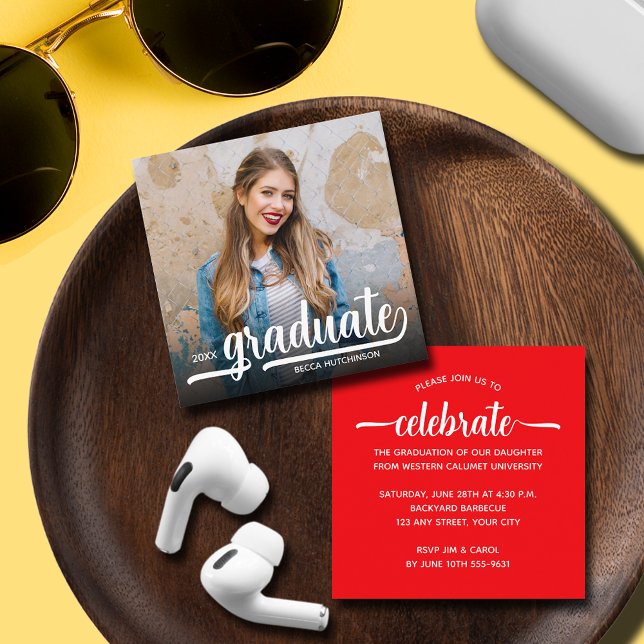 Tarjeta De Recepción Partido de Graduación Roja de Foto Moderna (SMALL 2.5" SQUARE graduation invitations are perfect to enclose with announcements or to hand out.)
