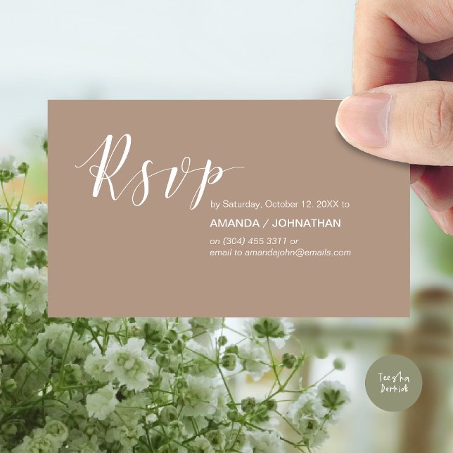 Tarjeta De Recepción Partido de la Boda Moderna RSVP, en caluroso tono (Modern Wedding RSVP Invitation Card, Online reply, Email or phone, in warm taupe)