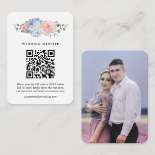 Tarjeta De Recepción Pastel azul turbio Hidráneas rosas Boda Código QR