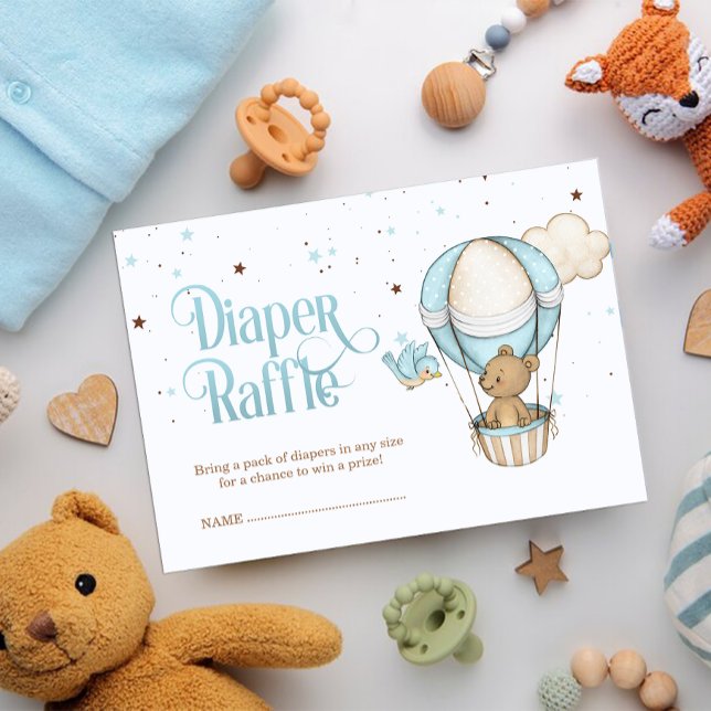 Tarjeta De Recepción Pastel Blue Teddy Bear Air Balloon Diaper Raffle (Diaper Faffle baby shower card)