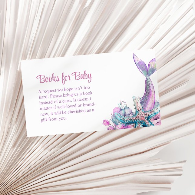 Tarjeta De Recepción Pastel Floral Mermaid Tail Starfish Boys para bebé (Pastel Floral Mermaid Tail Starfish Books for Baby Enclosure Card on a sunny neutral dry palm leaf.)