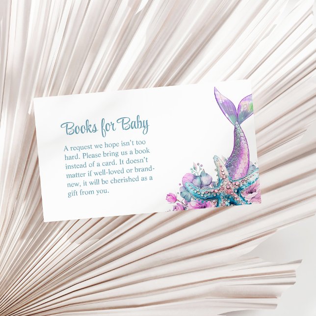 Tarjeta De Recepción Pastel Floral Mermaid Tail Starfish Boys para bebé (Pastel Floral Mermaid Tail Starfish Books for Baby Enclosure Card on a sunny neutral dry palm leaf.)