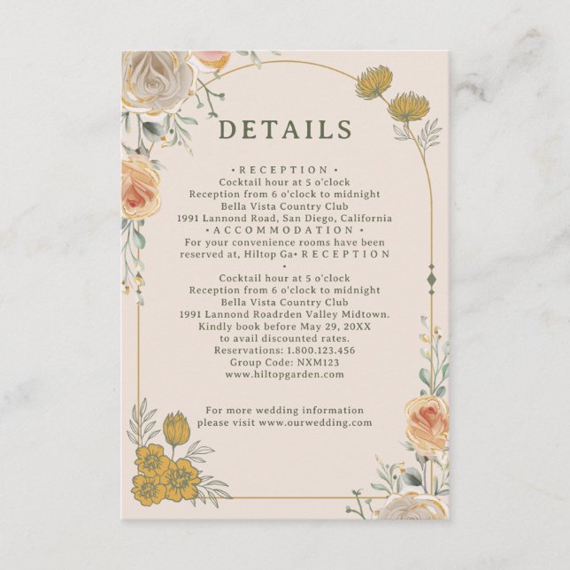Tarjeta De Recepción Pastel Gold Floral Wedding Enclosure Card  (Anverso)