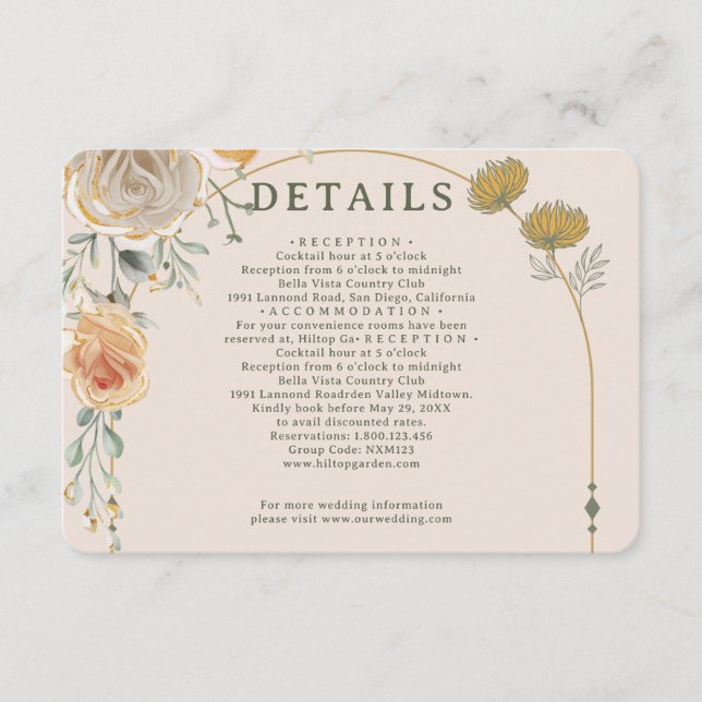 Tarjeta De Recepción Pastel Gold Floral Wedding Enclosure Card  (Anverso)