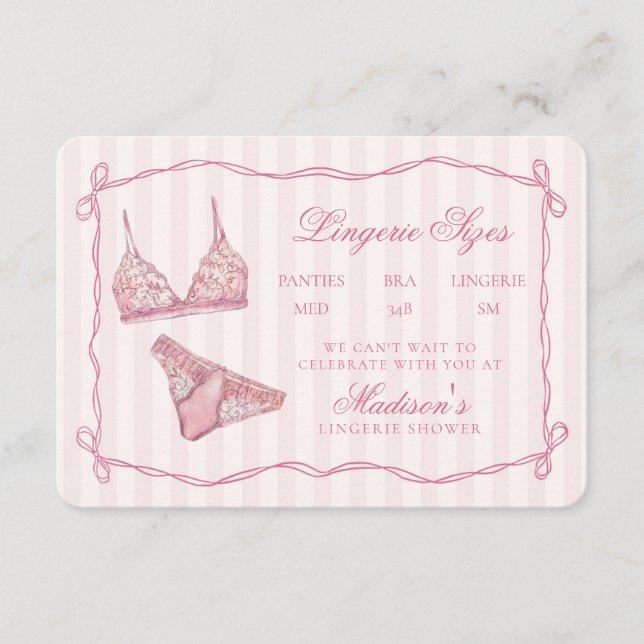Tarjeta De Recepción Pastel Pink Lingerie Sizes Shower Bow (Anverso)