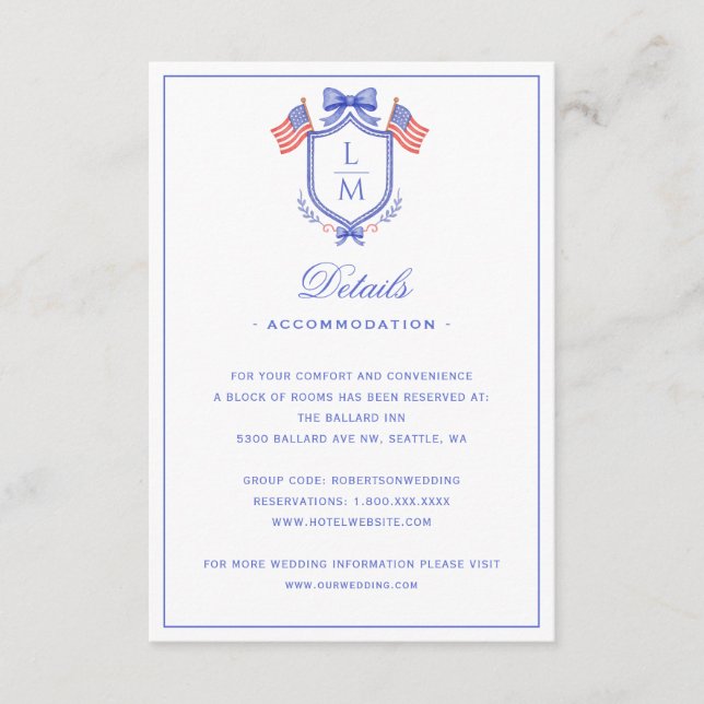 Tarjeta De Recepción Patriotic US Flag Crest | Monogram Wedding Details (Anverso)