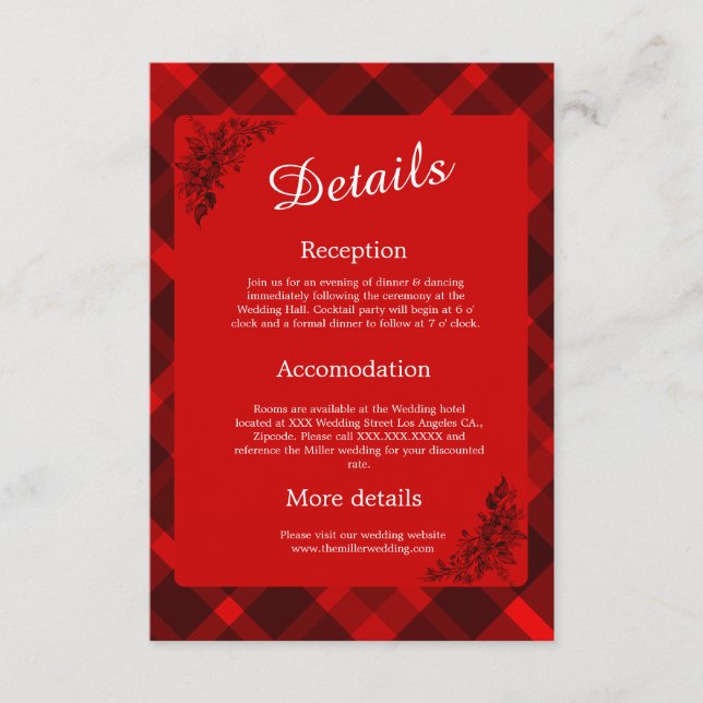 Tarjeta De Recepción patrón de boda escocés negro rojo (Anverso)