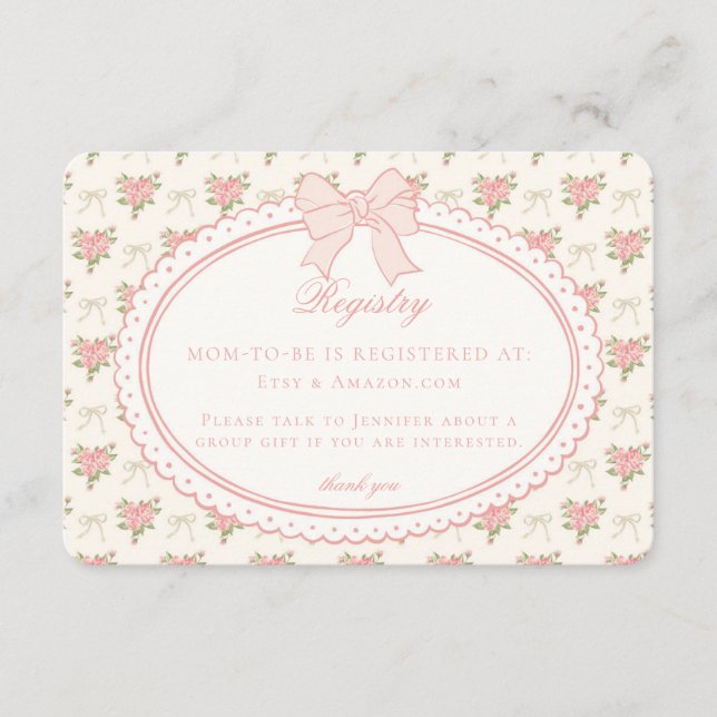 Tarjeta De Recepción Peach & Beige Vintage Fancy Floral Baby Registry (Anverso)