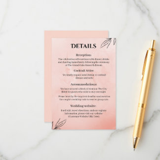 Tarjeta De Recepción  Peach Botanical Wedding Details Card