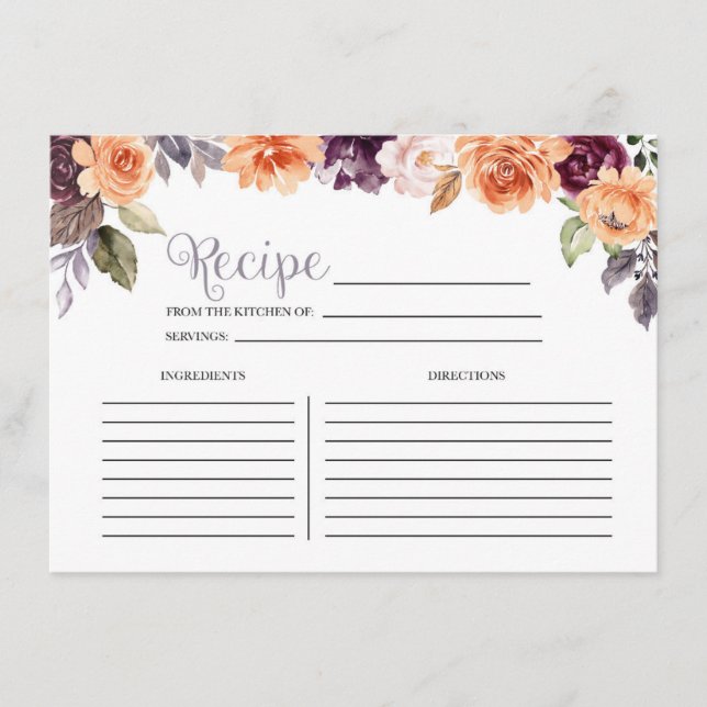Tarjeta De Recepción Peach Floral Fall Púrpura Bridal Shower Receta (Anverso)