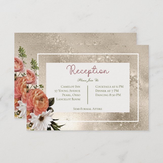 Tarjeta De Recepción Peach Mimosa Blooms Floral Gold Reception (Anverso / Reverso)