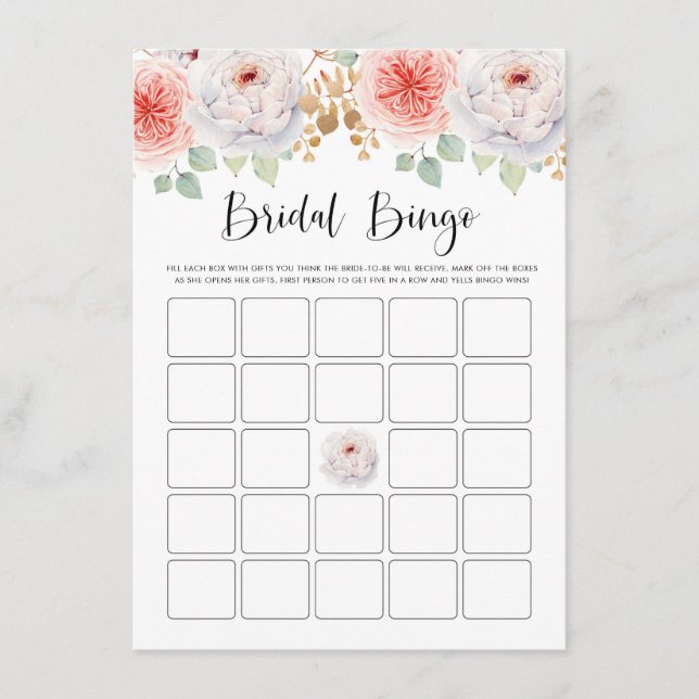 Tarjeta De Recepción Peach Peonies and Gold Lees Bridal Shower Bingo (Anverso)