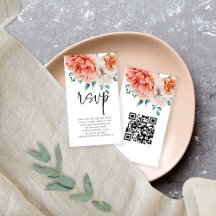 Peach Peonies Florals Script QR Boda de código RSV