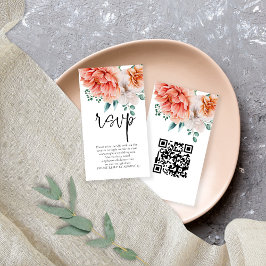 Tarjeta De Recepción Peach Peonies Florals Script QR Boda de código RSV