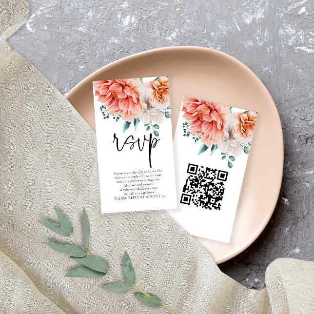 Tarjeta De Recepción Peach Peonies Florals Script QR Boda de código RSV (Subido por el creador)