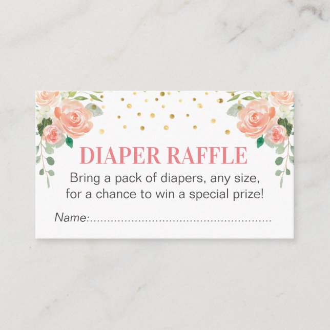 Tarjeta De Recepción Peach Peony Diaper Raffle Ticket Chica Baby Shower (Anverso)